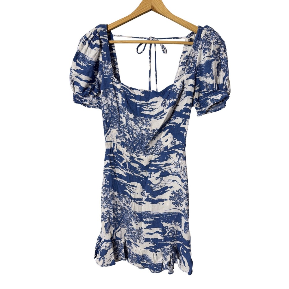 Reformation Blue White Puff Sleeve Mini Dress Size 4 Smocked Back